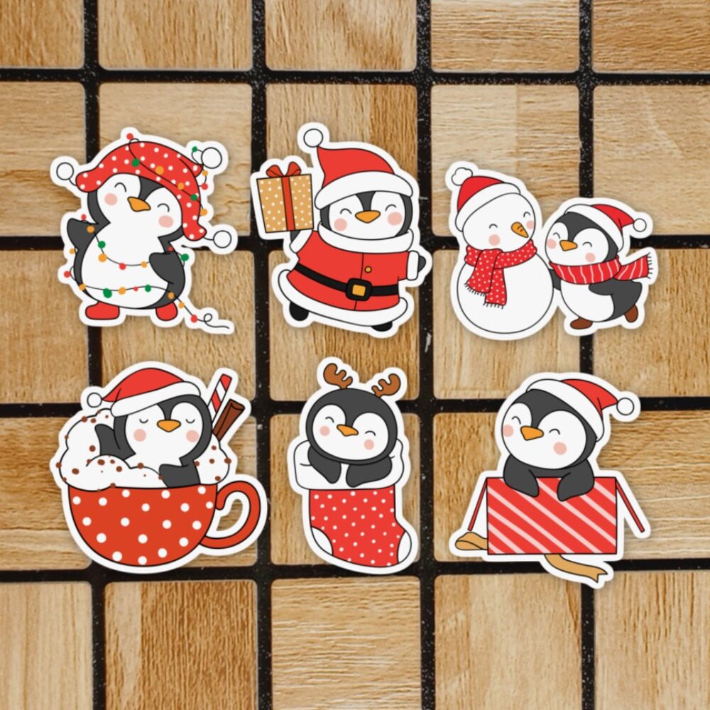 Winter Penguin Vinyl Sticker Pack of 6 Stickers - Christmas Die Cut Sticker Set